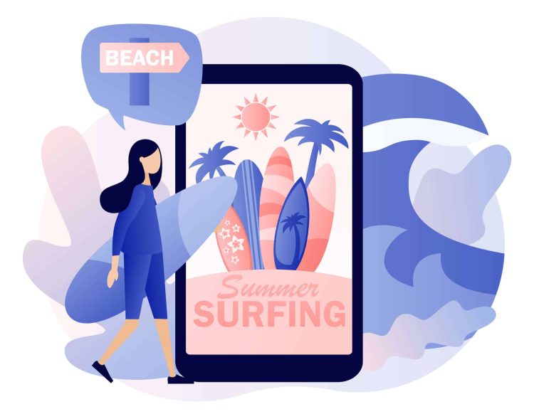 Beach captions for girls concept, a girl with a surfer goes to the beach passing by a big phone. with a picture on the screen.