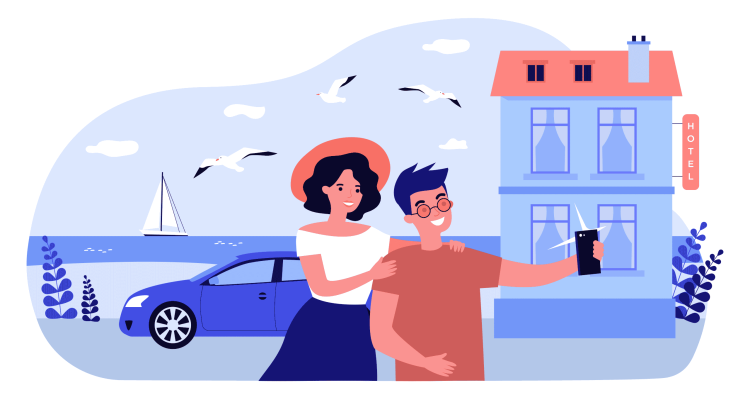 Captions for car pictures concept, a couple are taking a selfie in front of a car.