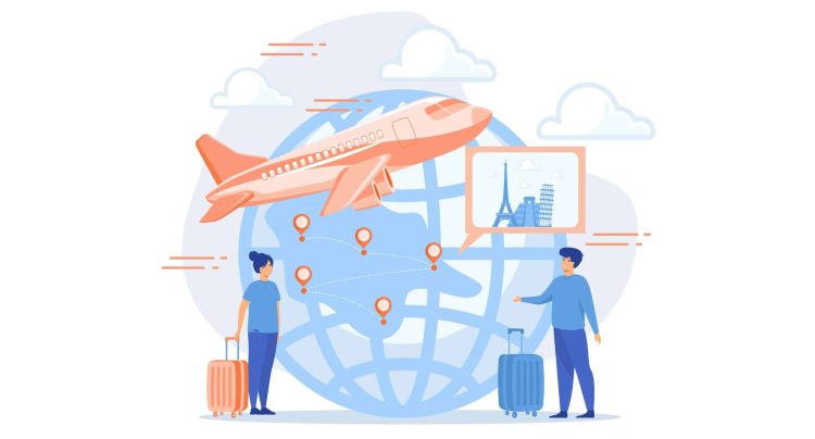 Cool travel agency concept, a couple are around a big gloge with airplane and a picture of the city destination above them.
