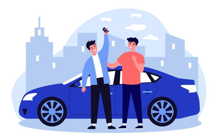 New car captions for instagram concept, two mean are standing next to a car.