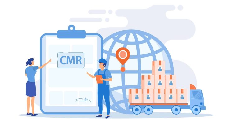 Amazon FBA Rapid Express Freight concept, a man points at logistic distribution contract with a globe and truck at the background.