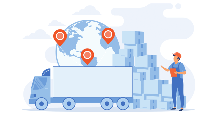 Shipping to Amazon FBA Rapid Express Freight concept, a man takes care of storage with a truck, packages and globe at the background.