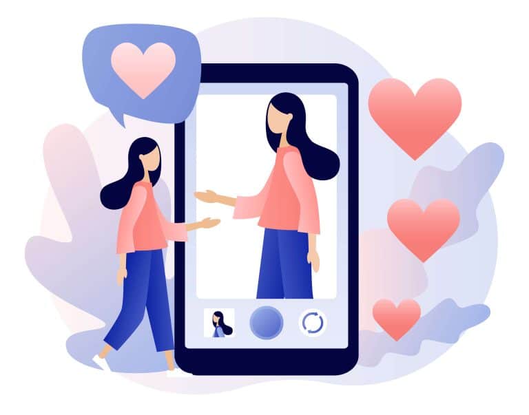 Snapchat Camera Not Working concept, a woman with hearts symbol above is standing next to a phone with herselfie on the screen.