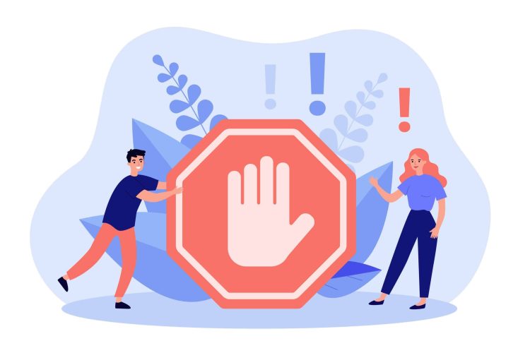 Instagram ban concept, people standing near prohibited or forbidden gesture.
