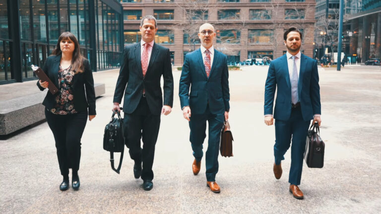 Four lawyers walking down the street with law building behind