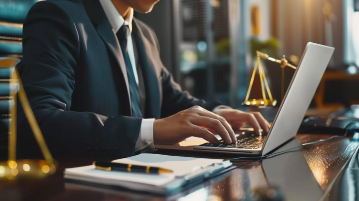 Lawyer Using Laptop During Arbitration in Digital Marketing