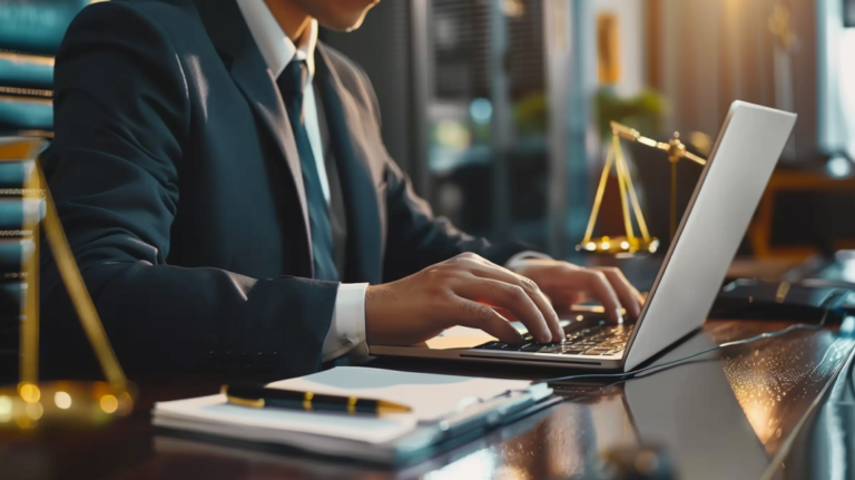 Lawyer Using Laptop During Arbitration in Digital Marketing