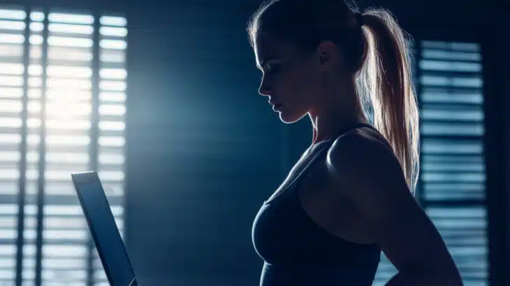 A Fitness Enthusiast Reviews Data on Her Laptop in A Dimly Lit Room with Blinds Partially Closed