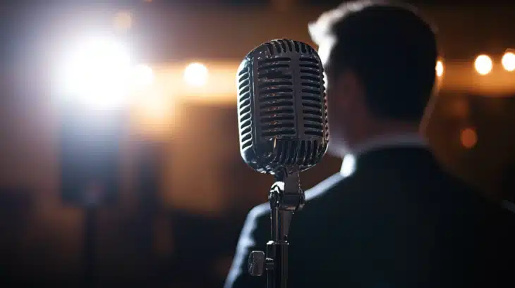 A Man in A Suit Speaks Into a Vintage Microphone on Stage, Illuminated by Spotlights in The Background