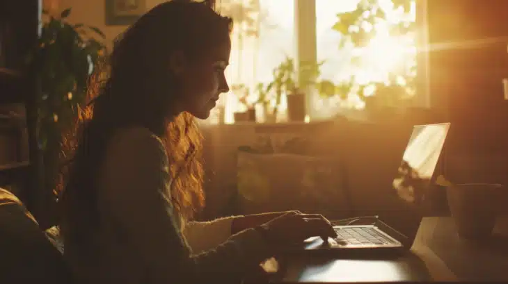 A Woman Works on Her Laptop in A Cozy, Sunlit Living Room Filled with Plants