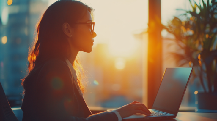 A Woman Working on A Laptop in An Office at Sunset, Representing how Digital Technology Improves Marketing Strategies in A Modern Workspace