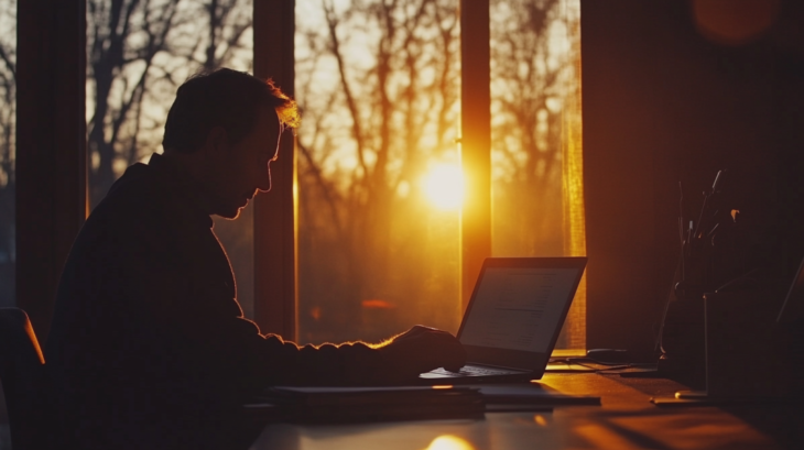 A Person Working on A Laptop in A Dimly Lit Room with A Sunset in The Background, Illustrating how Tech Networks Assist in Addressing Common Digital Challenges