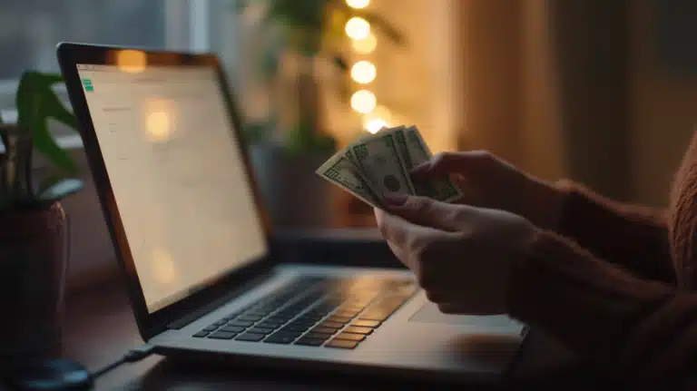 A Person Counts Money in Front of A Laptop, Exploring Ways to Make Money Online in A Cozy Home Environment