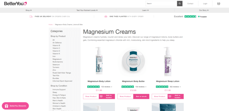 A Screenshot of The "BetterYou" Website Displaying Various Magnesium Body Creams Available for Purchase, with Details on Pricing and Customer Reviews