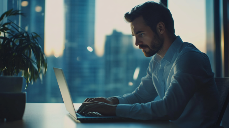 A Focused Man Working on A Laptop in An Office with A City Skyline View, Representing the Importance of Tech Networks for Modern Marketers