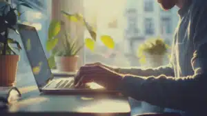 A Person Typing on A Laptop in A Well-Lit Room with Plants in The Background, Symbolizing the Modern Digital Marketing Workspace