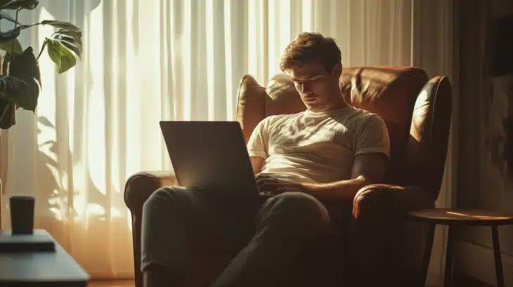 Man Sitting on A Chair Using a Laptop, Focusing on Safe Online Shopping Practices