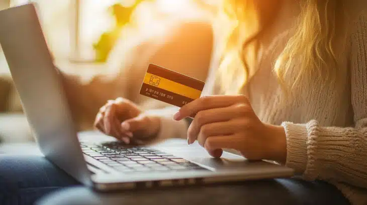 Person Holding a Credit Card While Shopping Online on A Laptop