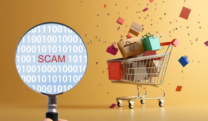 Magnifying Glass Showing "Scam" Next to A Shopping Cart with Gift Boxes, Highlighting Black Friday Scams in 2024