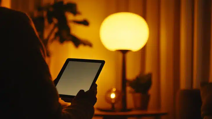 Person Using a Tablet in A Cozy Room with A Warm Lamp