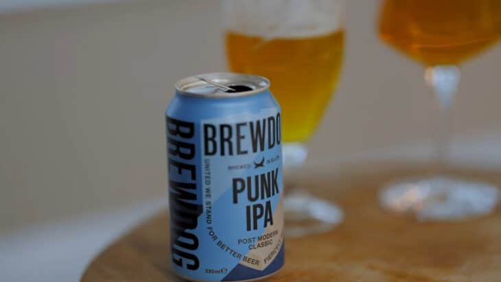 A can of BrewDog Punk IPA beer on a table