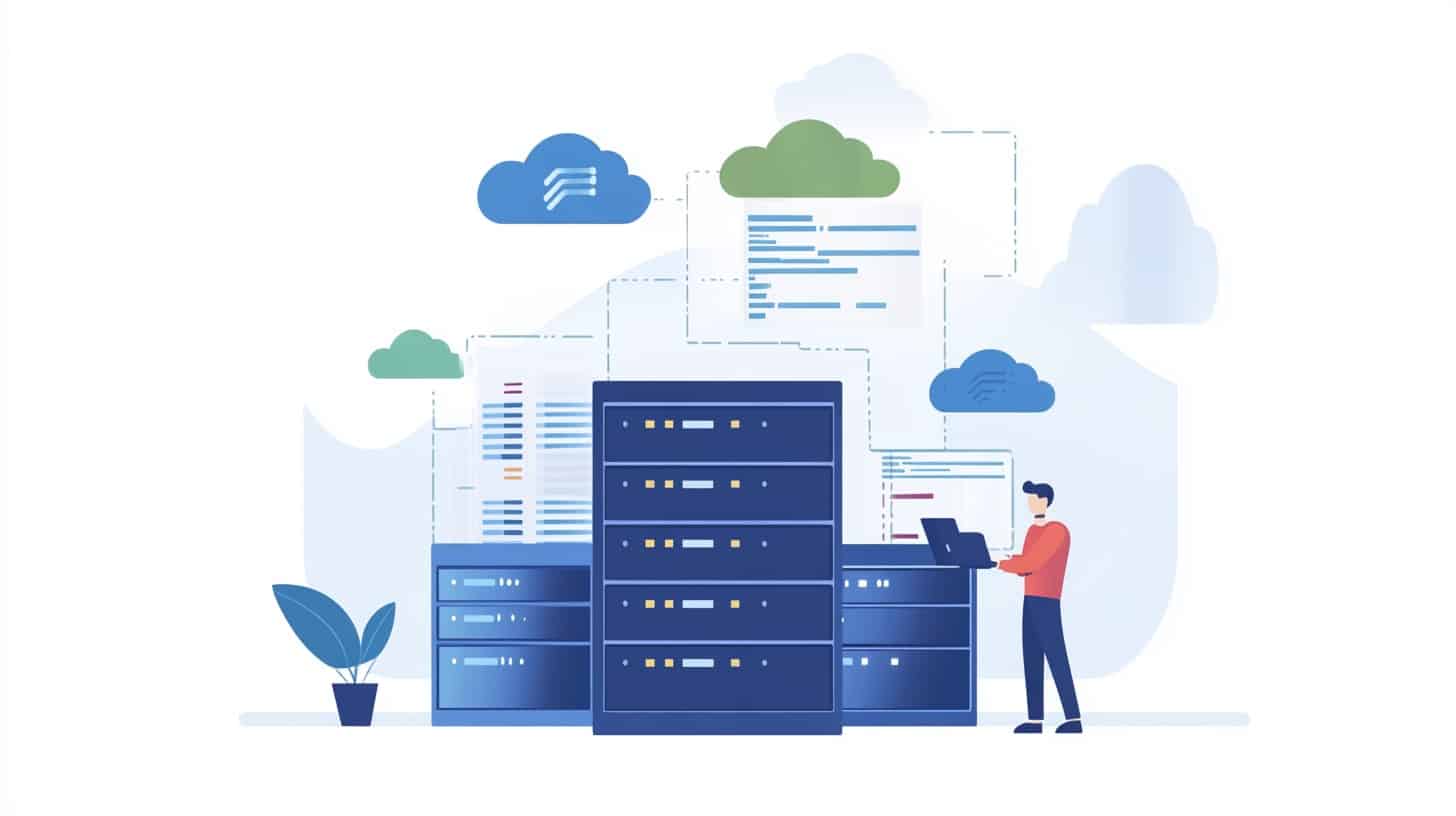 Illustration of a cloud computing network with multiple servers, cloud storage icons, and a person managing data on a laptop