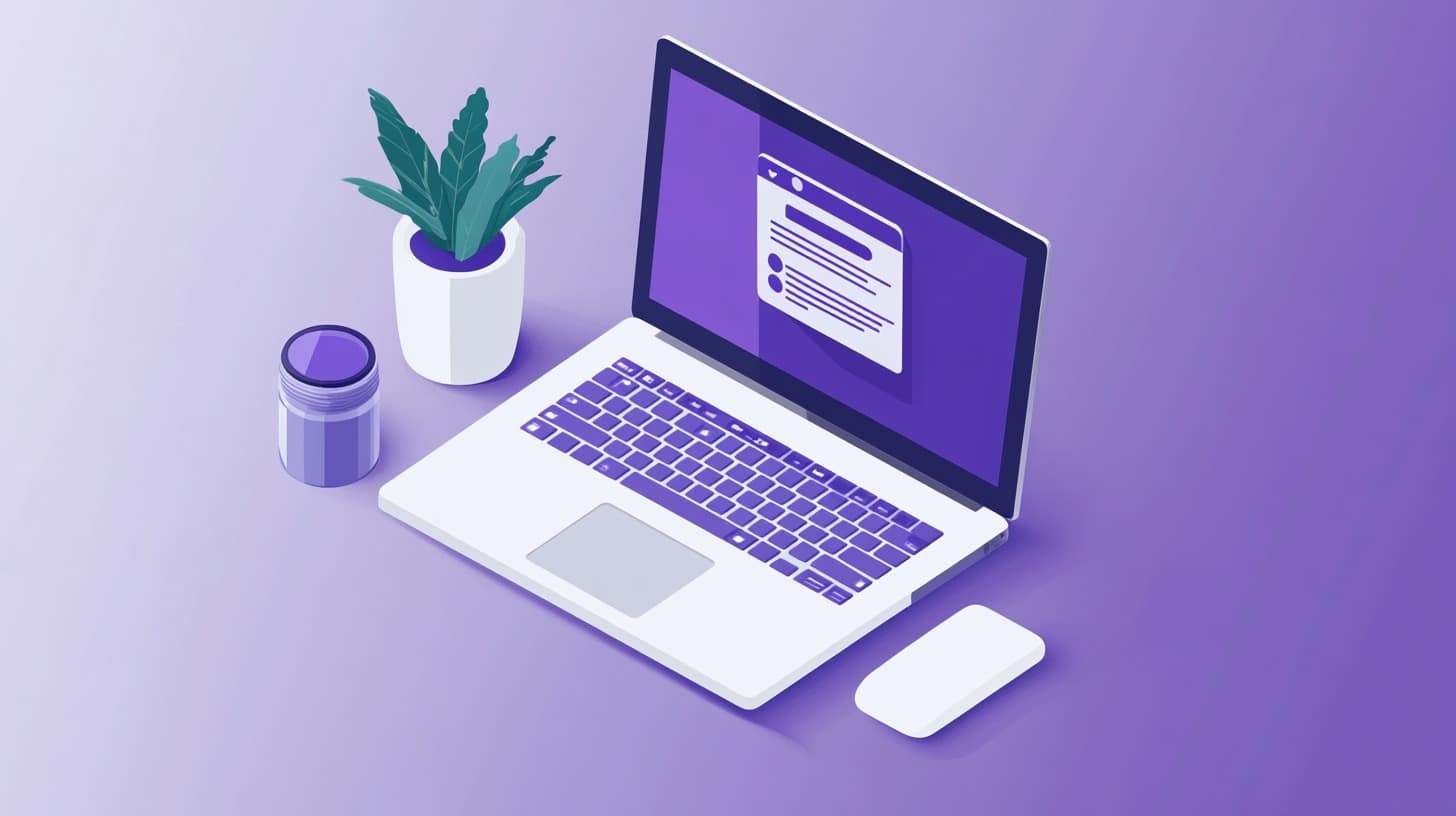 Illustration of a laptop on a purple background with a webpage open, accompanied by a plant and a small jar