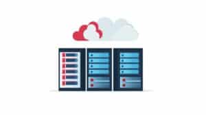 Illustration of cloud computing with multiple server racks and a cloud icon above them, symbolizing data storage and management