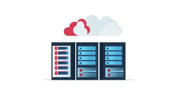 Illustration of cloud computing with multiple server racks and a cloud icon above them, symbolizing data storage and management