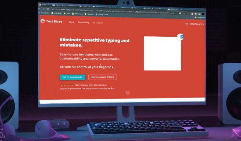 A computer screen displays a website promoting Text Blaze