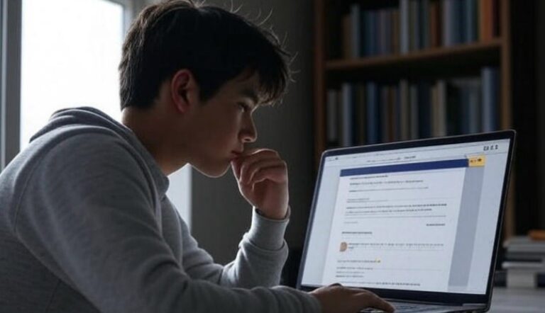 A young person intently reviews information on a laptop