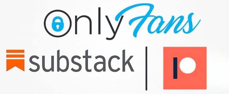 Logos of OnlyFans, Substack, and Patreon used by creators to distribute content and engage audiences