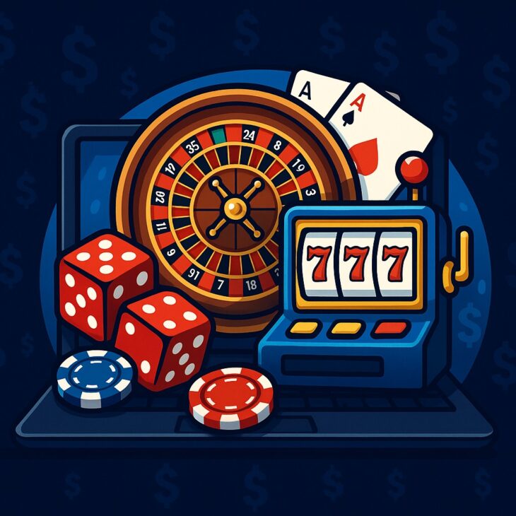 Colorful illustration of a roulette wheel, slot machine, poker chips, and dice symbolizing online gambling games