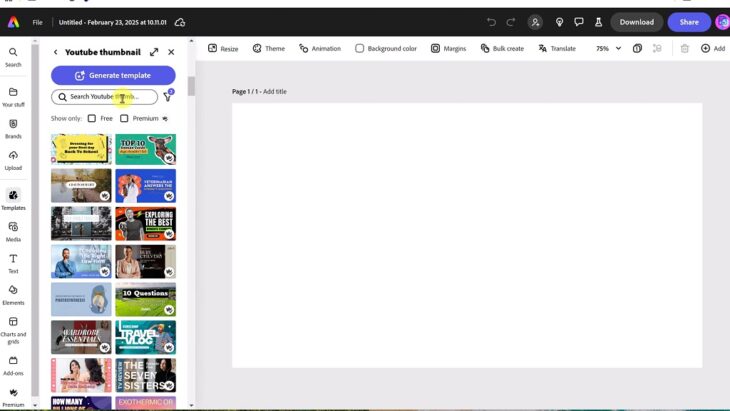 Screenshot of Adobe Express editor showing YouTube thumbnail templates