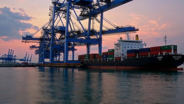 Cargo ship being loaded at a port terminal during sunset, highlighting the scale of global freight logistics