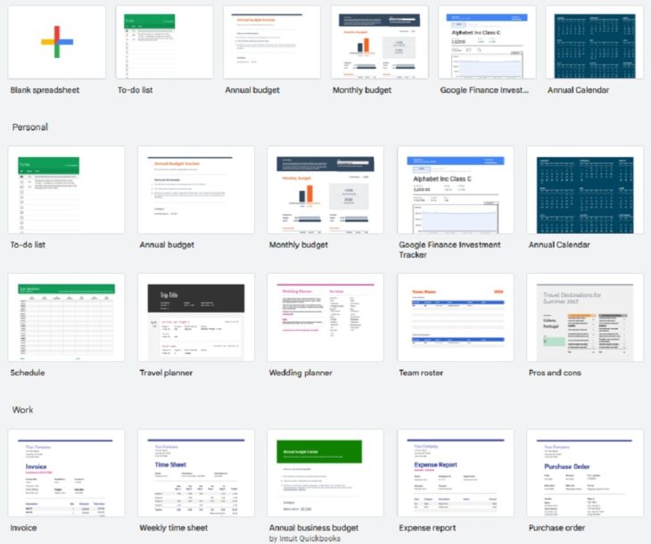 A preview grid showing various Google Sheets templates including budget, planner, to-do list, and more