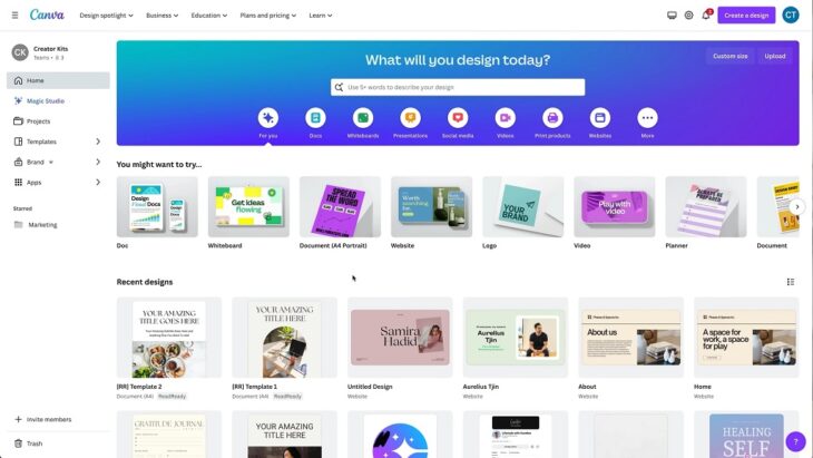 Screenshot of Canva’s homepage interface, showcasing free design software tools and templates