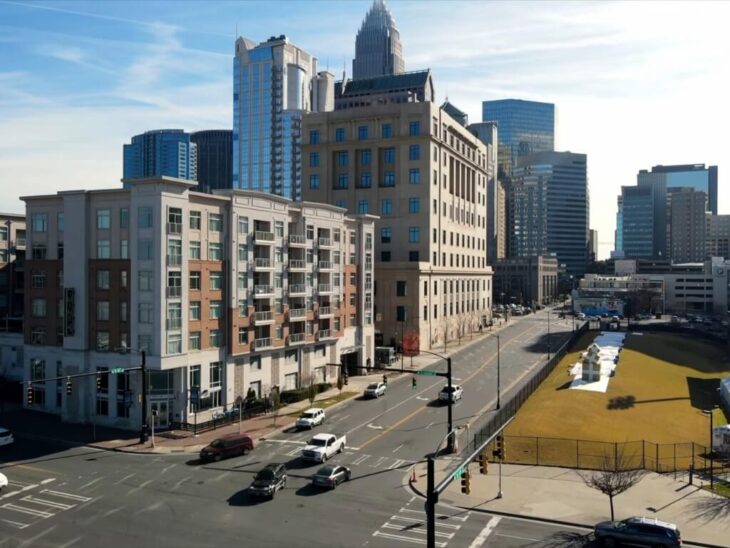 Central Charlotte with mixed-use buildings, where rent prices are catching up to demand