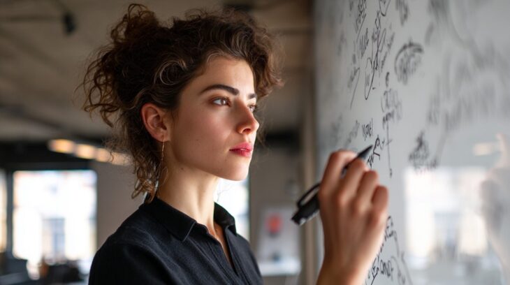 Focused young woman writing plans on a whiteboard, illustrating the process of starting a business with clear goals and strategies