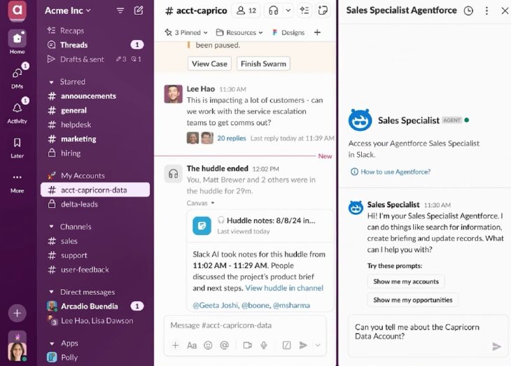 Slack workspace with AI assistant for sales and internal messaging