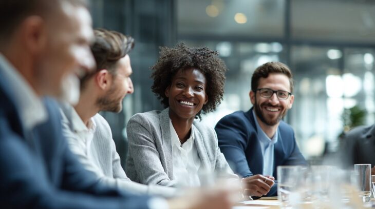 Group of diverse professionals in a meeting, smiling and discussing strategies for starting a business in a collaborative environment
