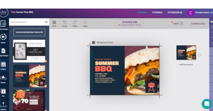 Design Wizard interface featuring a Summer BBQ party invitation design with a burger image