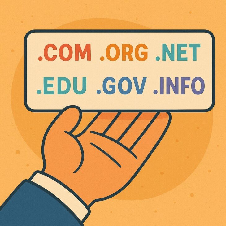 Cartoon-style hand holding a rectangular sign that displays six domain extensions (.COM, .ORG, .NET, .EDU, .GOV, .INFO) on a warm orange background