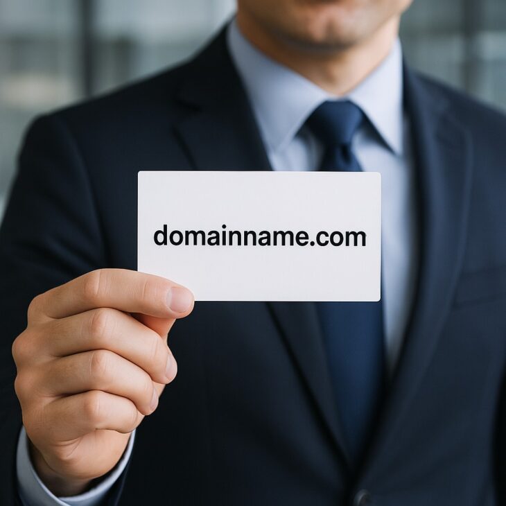 Businessman in a suit holding a white business card displaying the domain "domainname.com," with a modern office background in soft focus