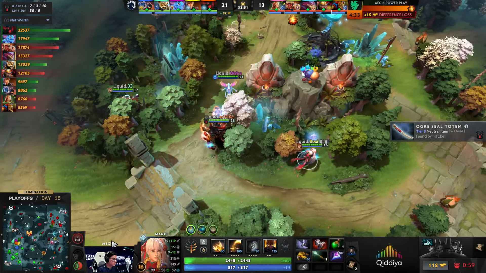 Dota 2 gameplay screenshot showing Team Liquid players grouped near the Radiant jungle during the Riyadh Masters Playoffs