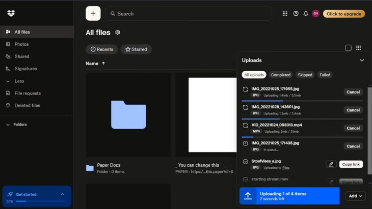 Cloud storage dashboard for entrepreneurs handling large creative files