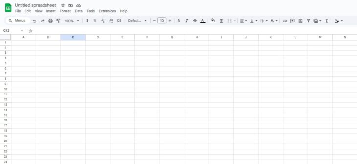 A blank spreadsheet in Google Sheets ready for custom data input and formatting