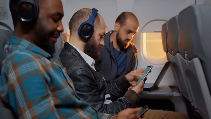 Passengers enjoying entertainment using Wi-Fi while flying