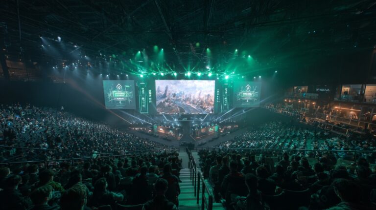 Packed esports stadium with a massive screen displaying gameplay and green stage lighting during Riyadh Masters 2025