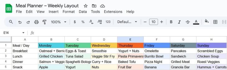 A weekly meal planner layout created in a spreadsheet with color-coded days and meals
